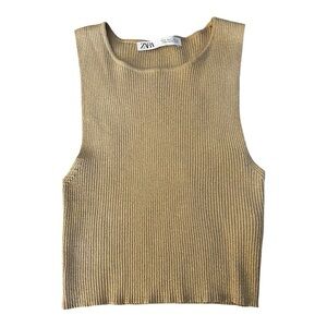 ZARA Metallic Ribbed Sleeveless Crop Top – Tan Gold Shimmer, Size M